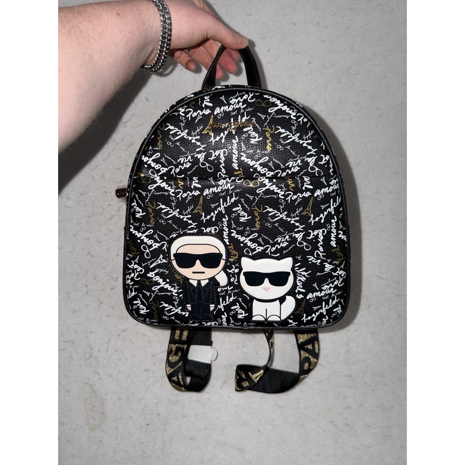 Karl Lagerfeld Paris Medium Backpack Black Gold Aop Script L5gk48cj Nwt $198